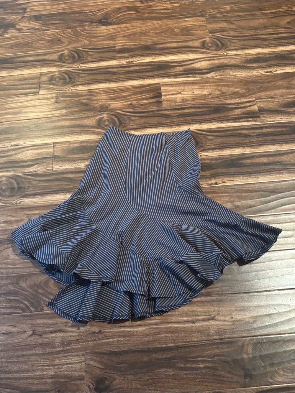 BDG Navy and White Striped High-Low Ruffle Skirt